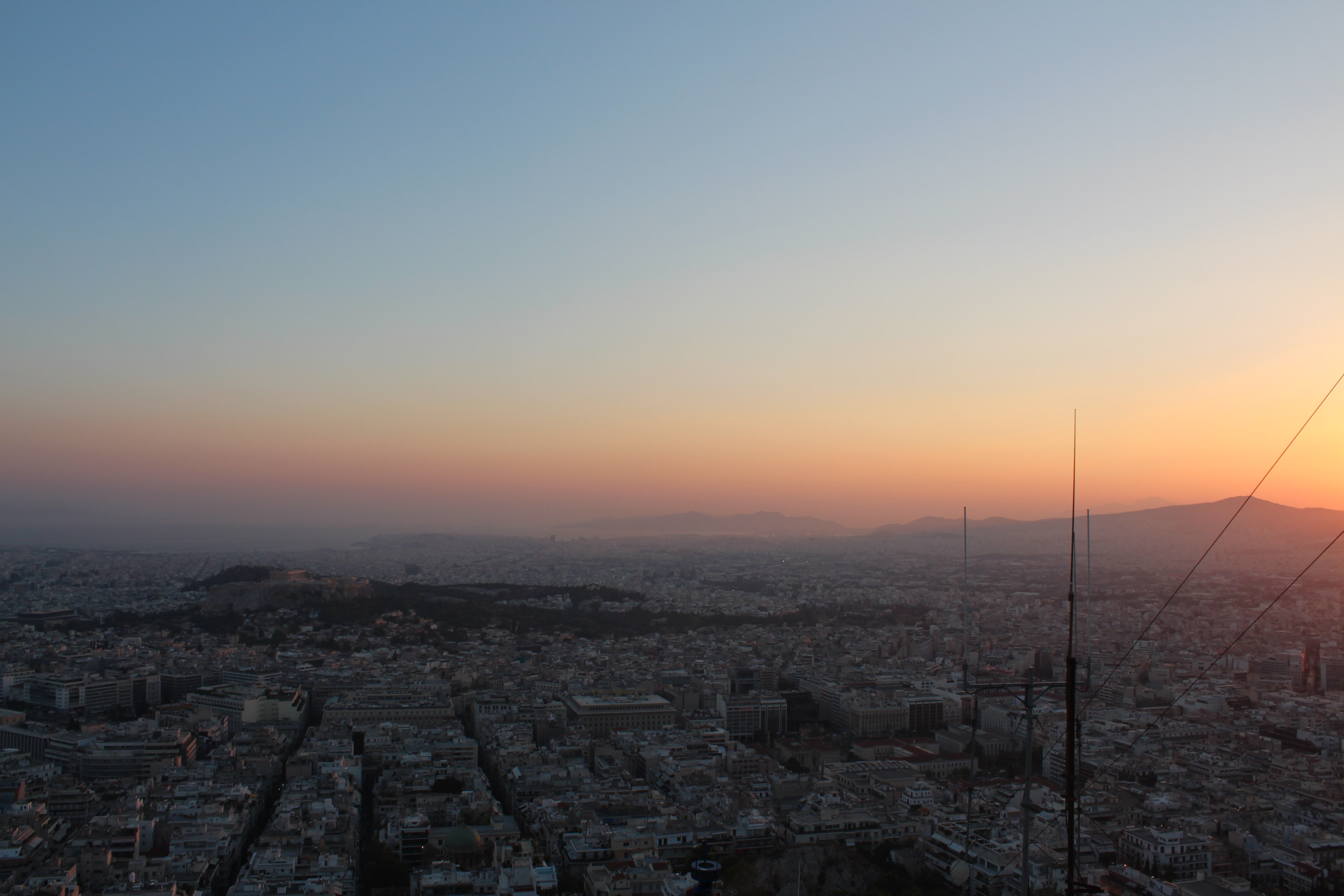 the sunset over Athens, Greece from the summit of Mt. Lycabettus 